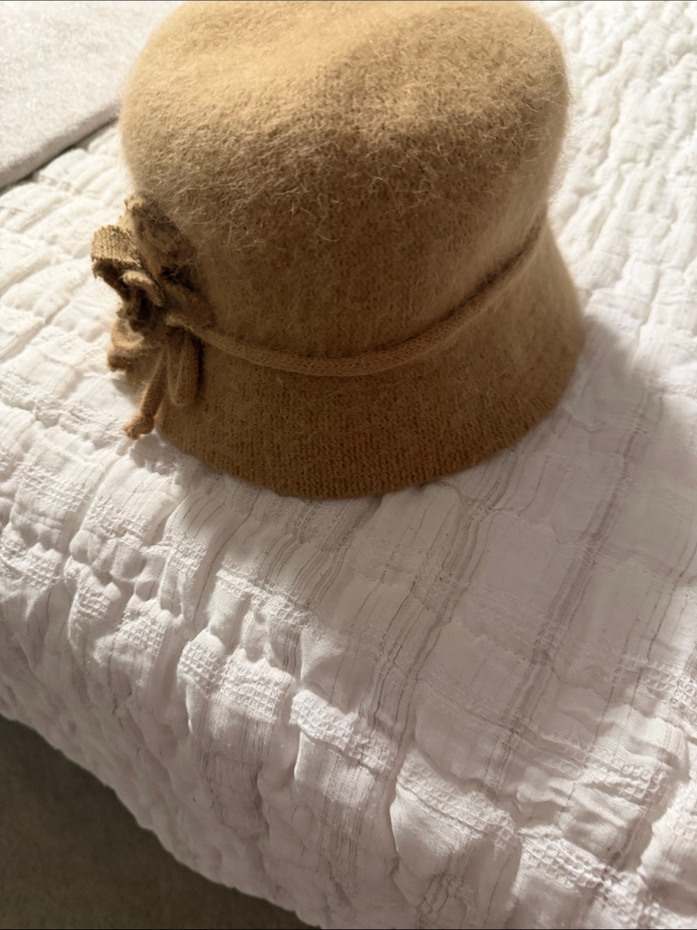 Fuzzy Camel Cloche Hat with Bow